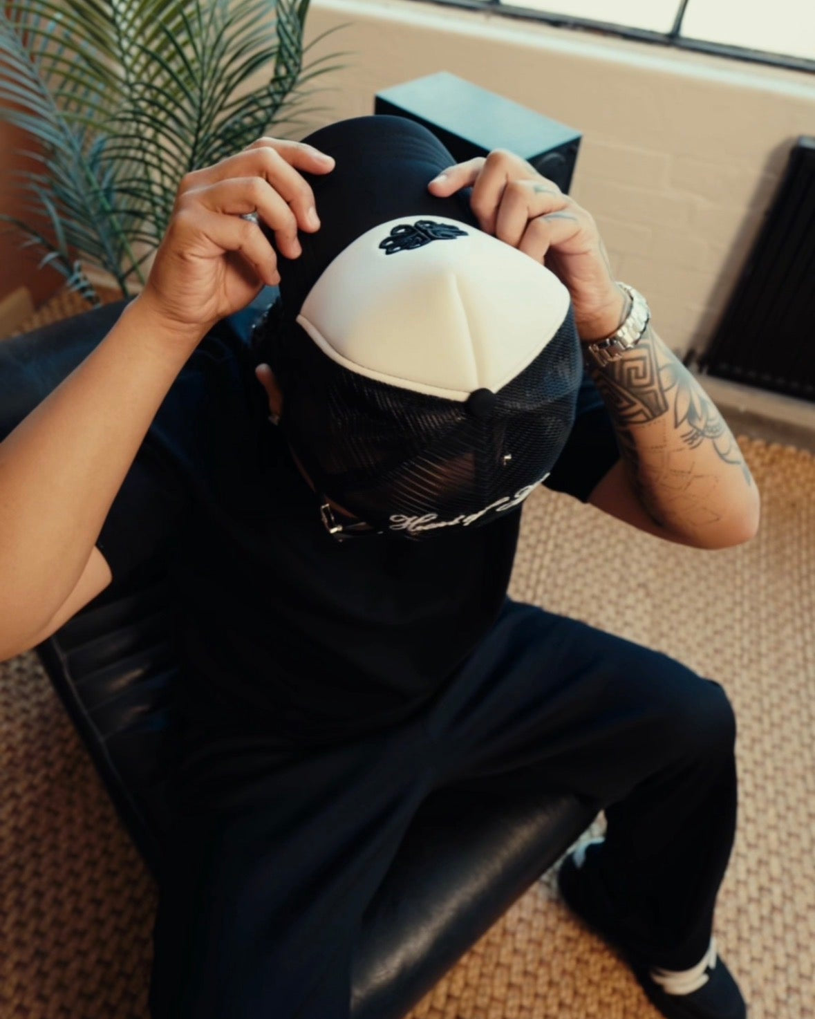 Nexus Black and White Mesh Trucker Cap - Black Embroidered Logo