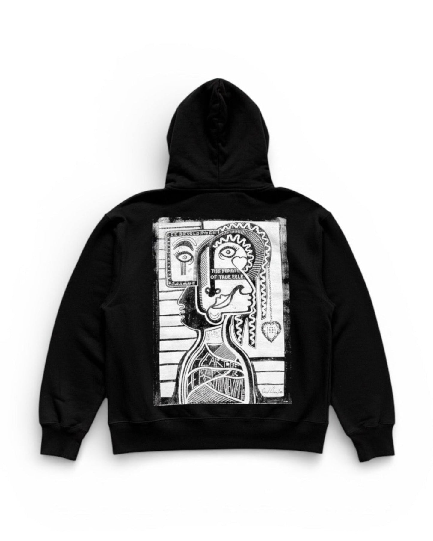 Black hoodie with a graphic design on the back against a white background
