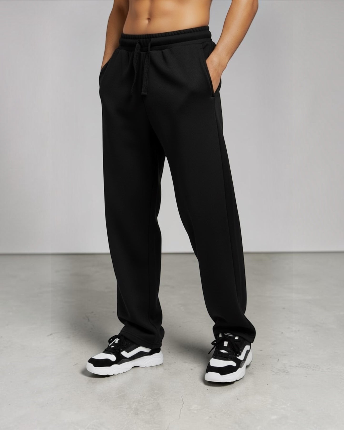 Black Wide Leg Ribbed Trousers - Black Drawcord